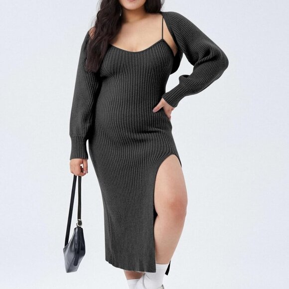 Plus Size Sweater Dress Set Women Long Sleeve Midi Slit Casual Elegant - Picture 2 of 7